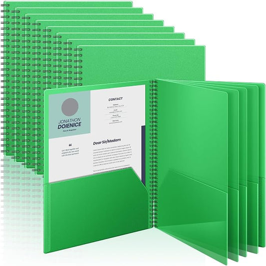 Seajan 8 Pcs 10 Pocket Folder Green Sturdy Plastic Spiral Portfolio Multi Pocket Folder Organizer Document Folders Plastic Spiral Project Organizer for School Office