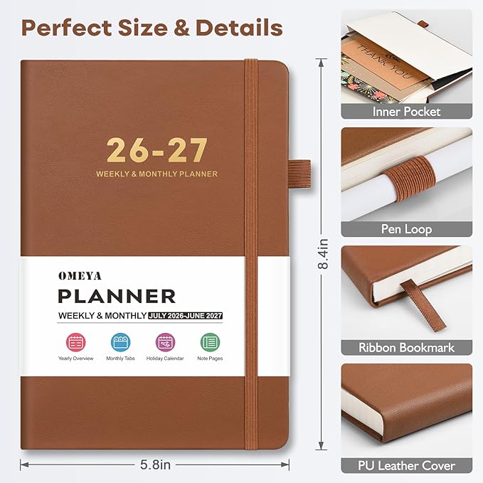 OMEYA Leather Academic Planner 2026-2027: A5 Brown Business Weekly & Monthly Planner for Work, July 2026 – June 2027, 100gsm Thick Paper, Durable Stitched Binding, Tabs, Pen Loop, Pocket