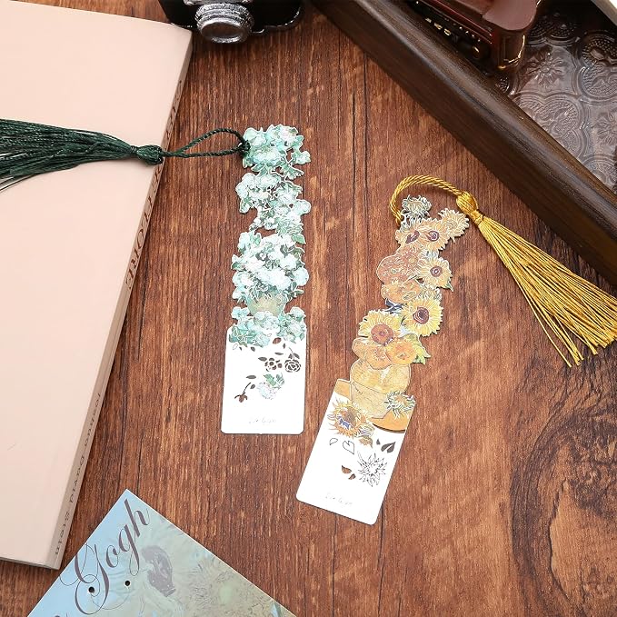 2 Metal Bookmarks with Tassel, Oil Painting Sunflowers and Vase with Roses