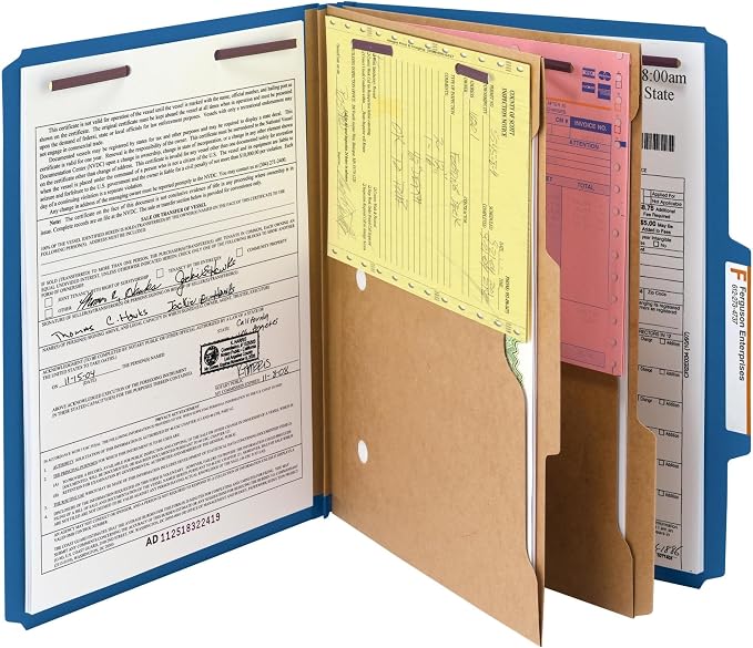 Smead Pressboard Classification File Folder with SafeSHIELD Fasteners, 2 Pocket Dividers, 2" Expansion, Letter Size, Dark Blue, 10 per Box (14077)