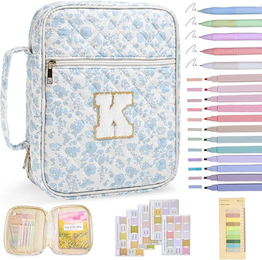 Personalized Initial Bible Cover Case for Women Girls Kid Large Bible Cover with Durable Handle Quilted Bible Carrying Case for Girls Bible Study Supplies Accessories (Blue Flower K, one Size)