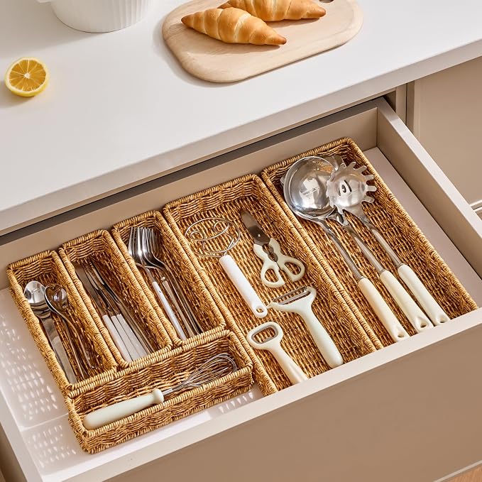 Berdeng Kitchen Drawer Organizer for Utensils, Silverware Tray Cutlery Organizer, PE Rattan Handwoven Storage Basket with Iron Frame, 2-Inch Fit for Shallow Drawers, 9.5" x 3" x 2" (Set of 4)