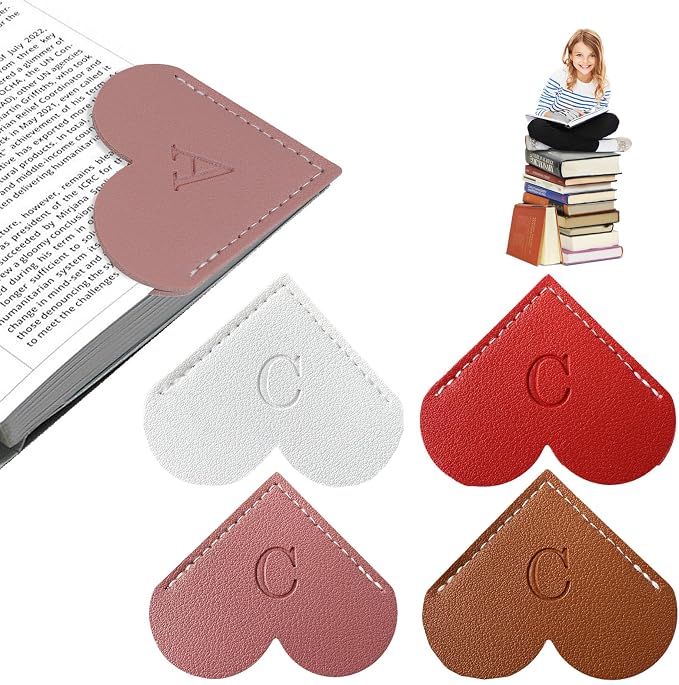 4Pcs Personalized Leather Heart Bookmark with Initial, 26 Letters Custom Corner Page Book Mark for Reading Women, Book Lovers, Teachers, Students, Book Accessories(White+Red+Dark Pink+Dark Brown, C)