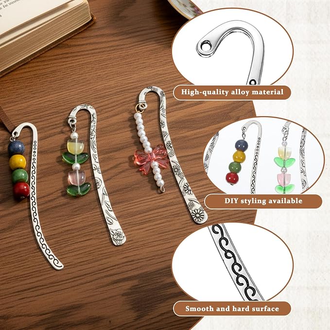 Metal Bookmark Hooks, 30 Pcs Vintage Tibetan Silver Carved Alloy Bookmarks with Loop for DIY Crafting, Tassels & Hairpins, Rust-Free Gift for Readers & Book Lovers, Silver