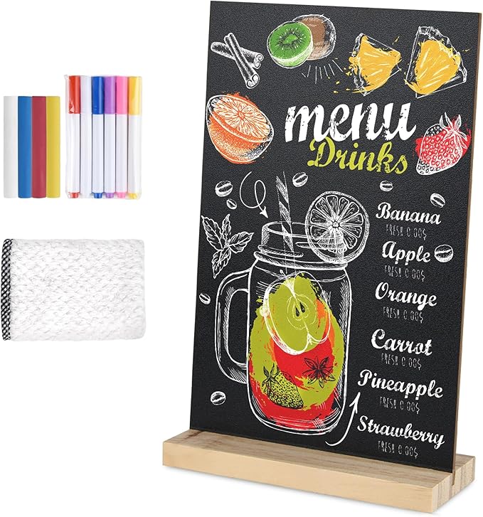 1 Pack Chalkboard 8 x 12 inch Tabletop Chalkboard Sign with Wood Base Double-Sided Message Boards Menu Chalkboard Stand for Kitchen Wedding Bar and Restaurant