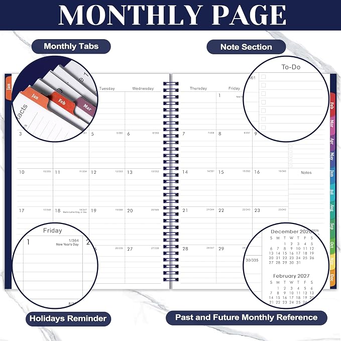 Vondafe 2027 Planner Weekly and Monthly - JAN 2027 - DEC 2027, 9"×11", Calendar Planner 2027, Weekly and Monthly Planner with Polypropylene Cover, Inner Pocket, Colorful Tabs & Thick Paper - Navy