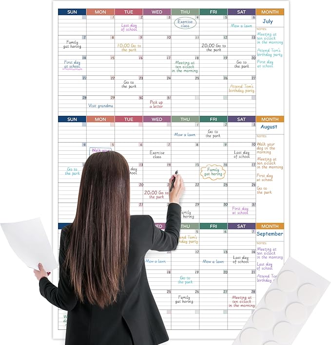 Large Dry Erase Calendar for Wall – Undated 3 Month Calendar, 28" x 40", Yearly Wall Calendar Dry Erase, Large Erasable & Reusable Calendars with 8 Round Stickers