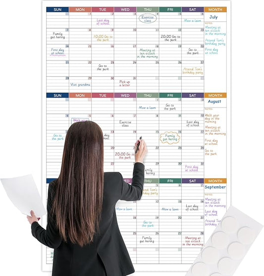Large Dry Erase Calendar for Wall – Undated 3 Month Calendar, 28" x 40", Yearly Wall Calendar Dry Erase, Large Erasable & Reusable Calendars with 8 Round Stickers