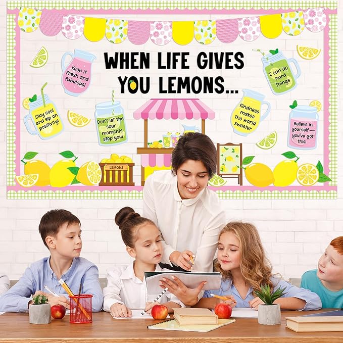 Summer Bulletin Board Set Lemon Theme Classroom Decorations Lemonade Stand Paper Cutouts Summer Bulletin Board Borders for Teacher Back to School Supplies Wall Window Blackboard Door Decor