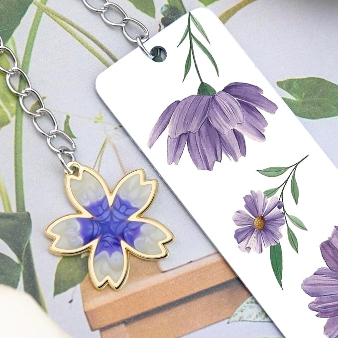 Cute Bookmarks Flower Bookmark Metal Bookmarks Floral Book Marks for Reading Women Kids Book Markers for Women Reading Accessories Purple Bookmark for Book Lovers