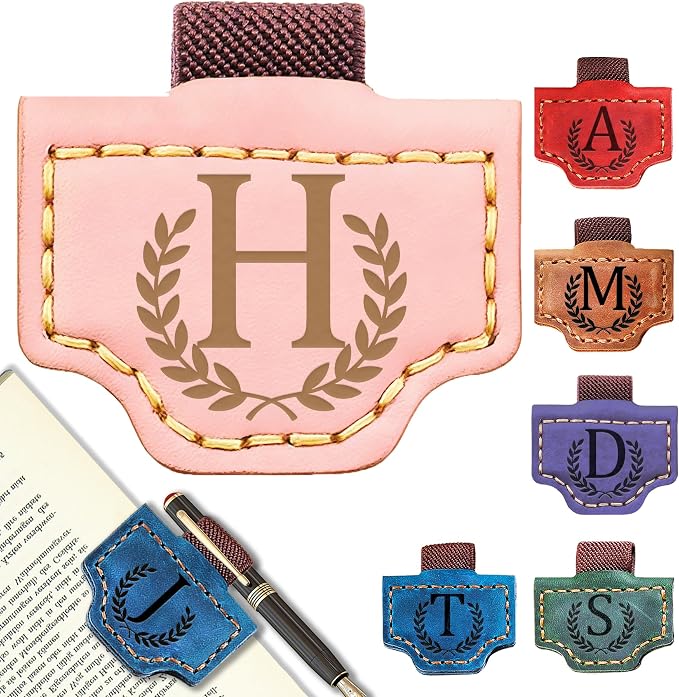 Personalized Leather Magnetic Bookmark with Pen Holder, Bookmark 26 Letters Name Initial Bookmarks for Readers, Book Lover Gifts for Women Men Notebook Accessories (Pink, H)