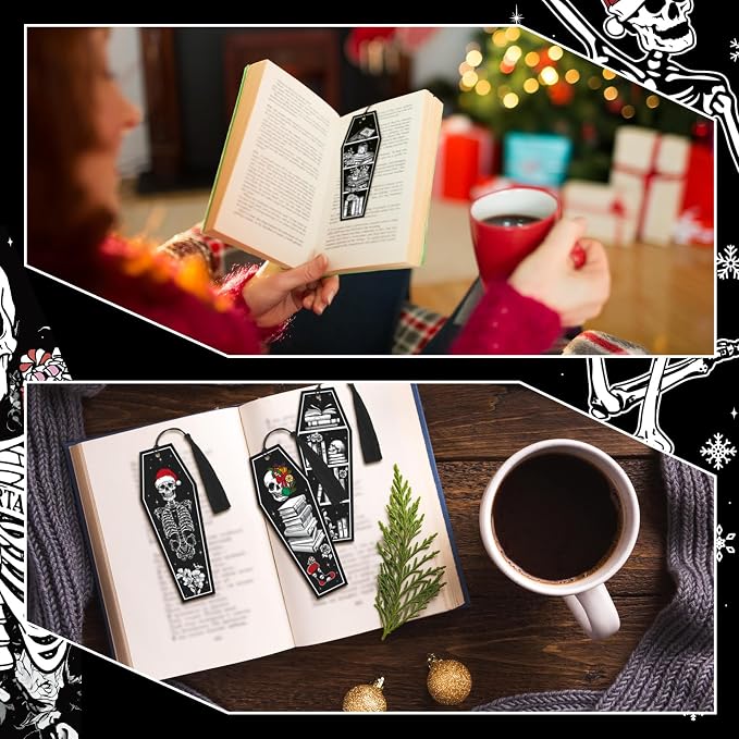 Kolldenn 120 Pcs 12 Styles Christmas Gothic Skeleton Coffin Bookmarks Double Sided Book Tracker Skull Horror Bookmark Gothic Book Marker with Black Tassels for Reading Lovers Gifts Accessories