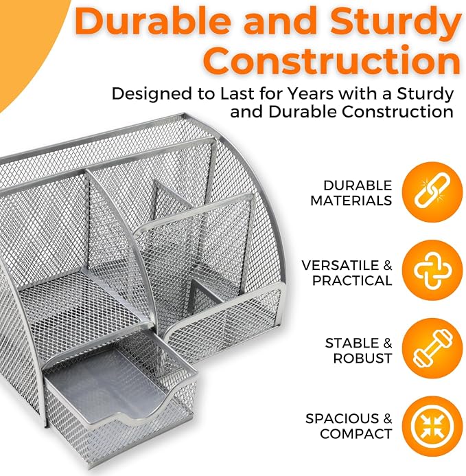 Mesh Desk Organizers with Compartments, 6-Section Desktop Storage Caddy with Drawer for Home, Office, and School, Sticky Notes, Pen & Pencil Holder, Silver