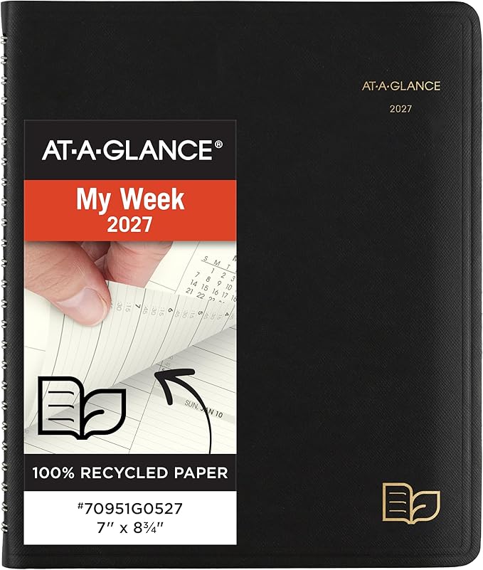 AT-A-GLANCE 2027 Appointment Book Planner, Weekly & Monthly, 7" x 8.75", Quarter-Hourly, Recycled, Black (70951G0527)