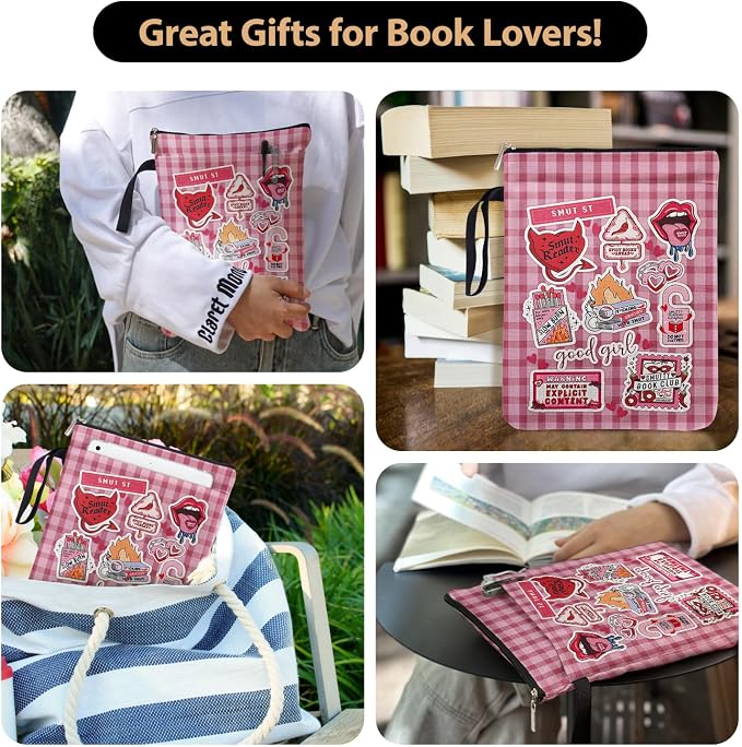 Red and White Checkered Collage Style Book Covers for Book Lovers with Handle Pocket, Book Club Gifts for Chritsmas, Reading Accessories for Friends Reader Bookworm Bookish