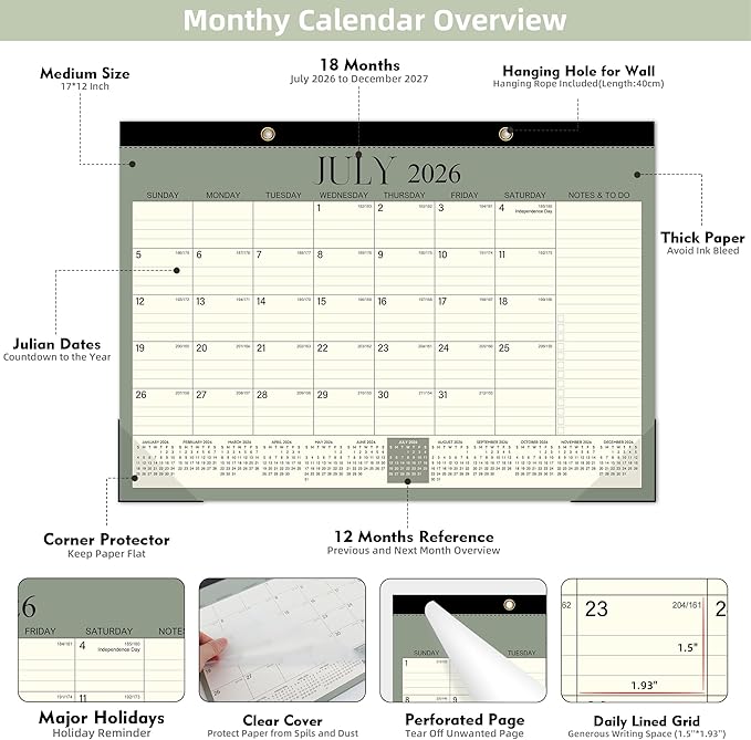 Tcamp Desk Calendar 2026-2027, 18-Month Desktop Calendar from July 2026 to December 2027, Large 17" x 12" Monthly Desktop & Wall Calendar for Home Office
