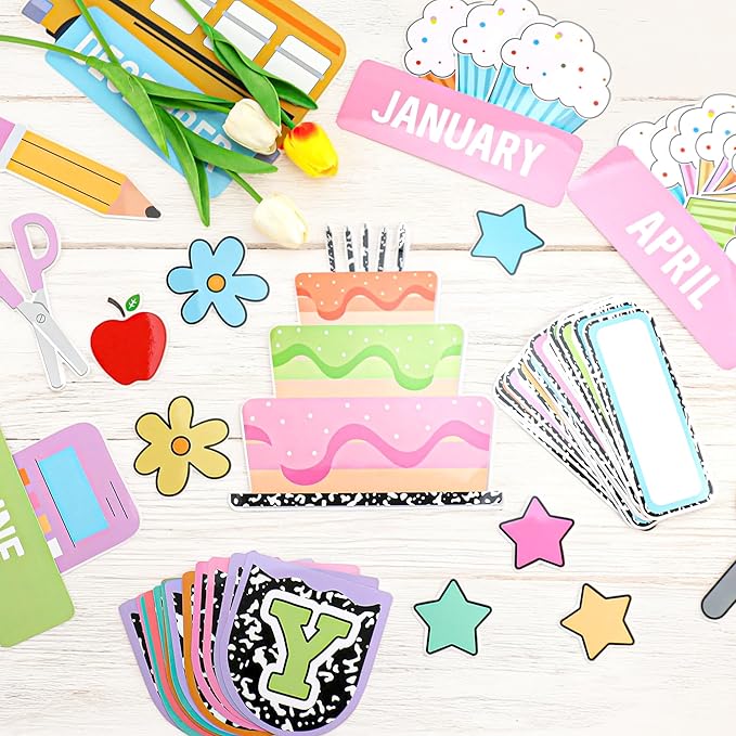 Classroom Composition Birthday Bulletin Board Set Composition Notebook Name Tags and Cutouts First Day of School Wall Door Display Classroom Craft for Teacher Supplies