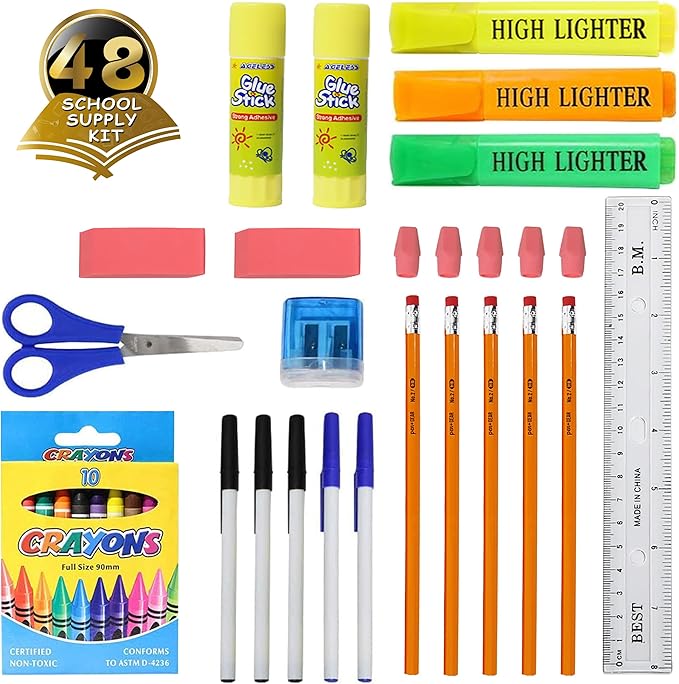 36 Piece Bulk School Supplies Kits - Pens, Pencils, Crayons, and More - Value Pack of 48 Kits - Essential Box of School Supplies for Elementary, Middle, and High School Students