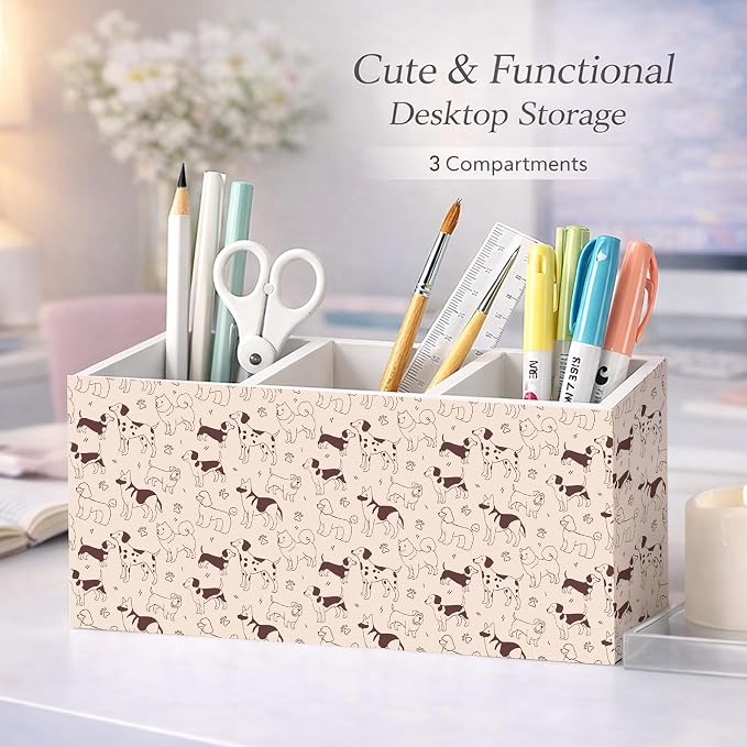 Cute Dog Pattern 3-Compartment Desk Organizer, Wooden Pencil Holder for Pens, Pencils, Scissors & Rulers, Fun Dog Design for Home, Kids, Office