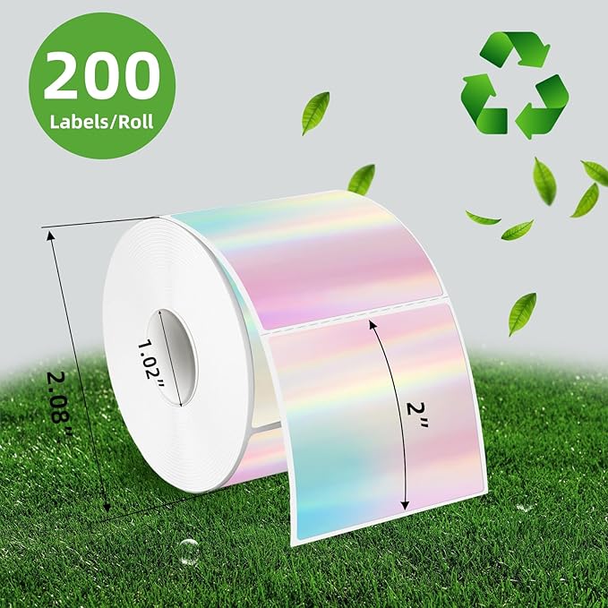 2x2 Inch Square Thermal Label Stickers, Holographic Square Direct Thermal Sticker Labels, Perforation Line Design- Holographic Rainbow Color