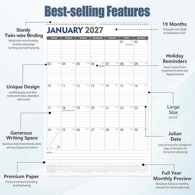 GuassLee Large Wall Calendar 2026-2027, 22"x15" Vertical Wall Calendar 2026, Jun. 2026 to Dec. 2027, 19-Month Paper Hanging Planner Wall with Julian Date for Office Home Planning & Organizing