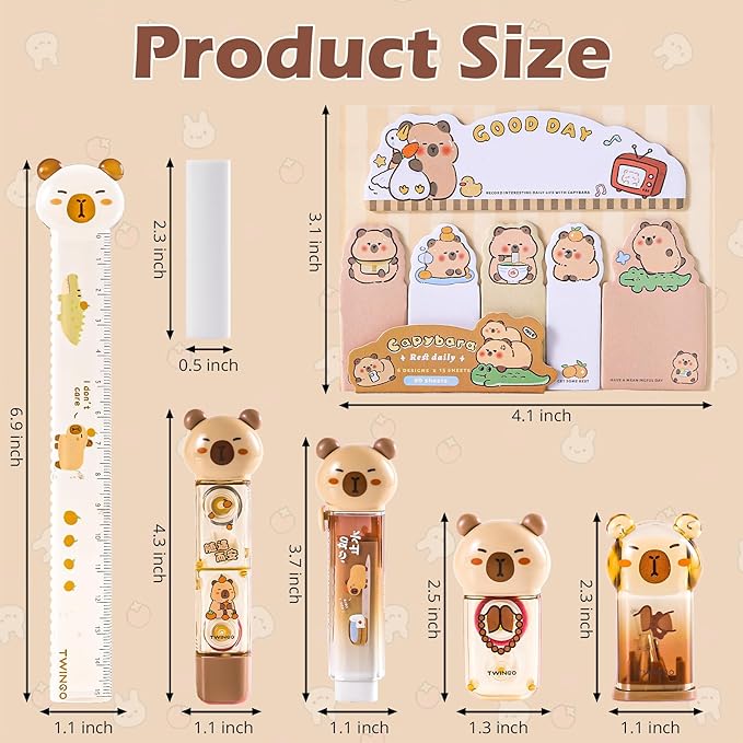 7 Pcs Cute Capybara Stationary Set Kawaii School Supplies Japanese Stationery, Includes Pencil Sharpener, Eraser, Correction Tape, Glue Tape, Sticky Notes, Ruler, for Office School Supplies
