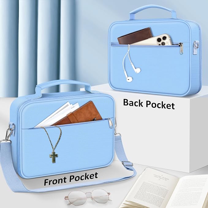 FINPAC Large Bible Cover w/Shoulder Strap, Carrying Book Case Church Bag Bible Protective w/Pen Slots and Zippered Pocket, Gift for Women Lady, Pastel Blue