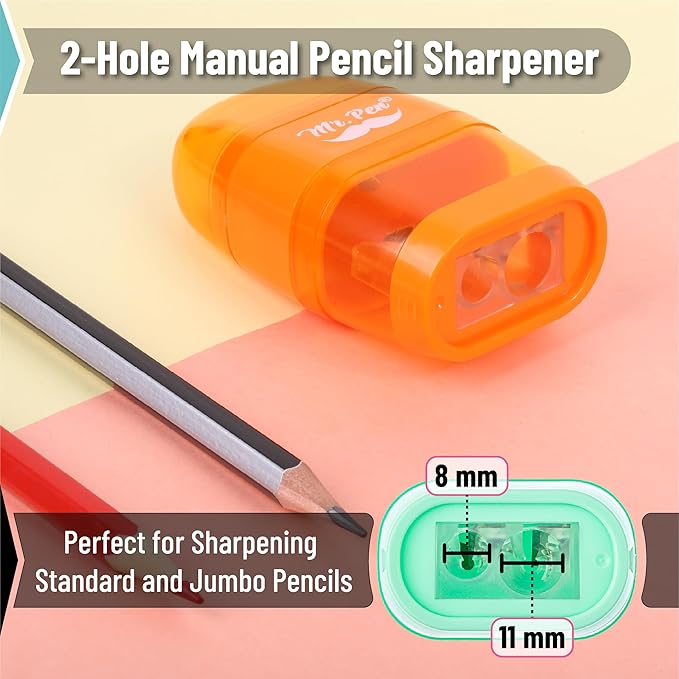 Mr. Pen- Pencil Sharpener & Eraser, 4 Pack, 2-in-1 Manual Sharpeners with Canister, 2 Sharpening Holes for Standard & Jumbo Pencils, Colorful Dual Hole Design for School, Office, Home, Kids