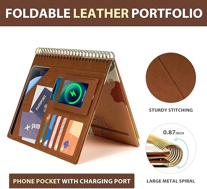 Ospelelf Clipboard with Storage for Men Women, Leather Padfolio Portfolio Organizer 5 Folders with 10 Pockets, Spiral Clipboard Folio with Notepad for Letter Size, Elastic Closure and Pen Loop Brown