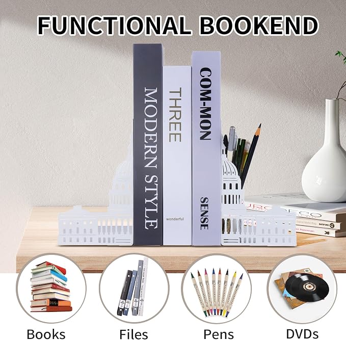 Capitol Book Ends Decorative for Shelves,ENCIMART 1.5mm Thickened Bookends with Pen Holder,Heavy Duty Metal Book Stopper Desk Organizer Holder for Office Gift (White)