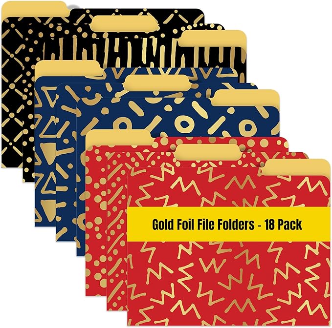 Better Office Products Decorative File Folders with Gold Foil, 18 Pack, 9 Geometric Designs, Red/Black/Blue Color Theme, Heavyweight, Letter Size (9.5" x 11.5") with 1/3 Cut Tab, Fashion Folders