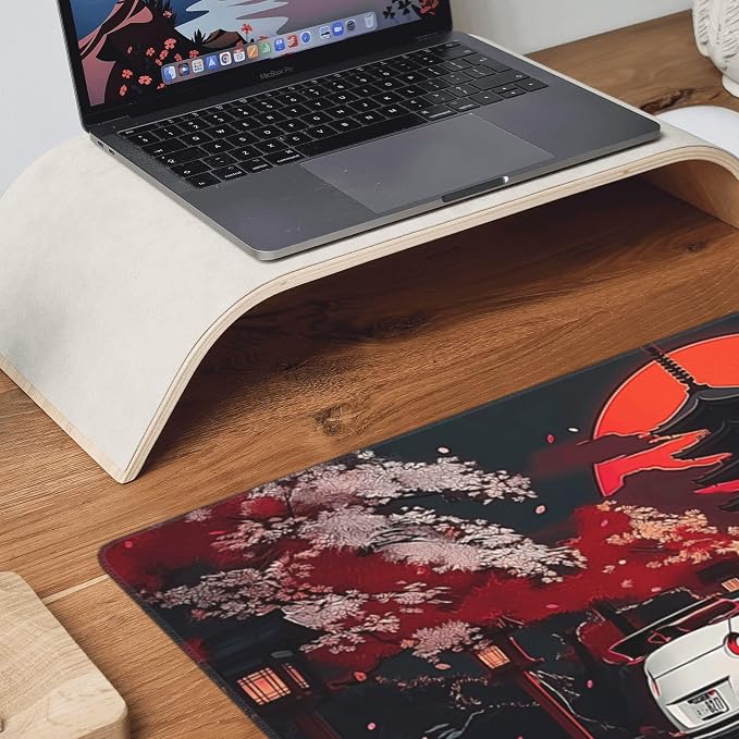 Large Car Mouse Pad 35.4 x 15.7 Inch, Extended Japanese Night Scene Desk Mat, Non-Slip Rubber Base, Washable Surface, Perfect for Gaming, Work & Aesthetic Desk Setup