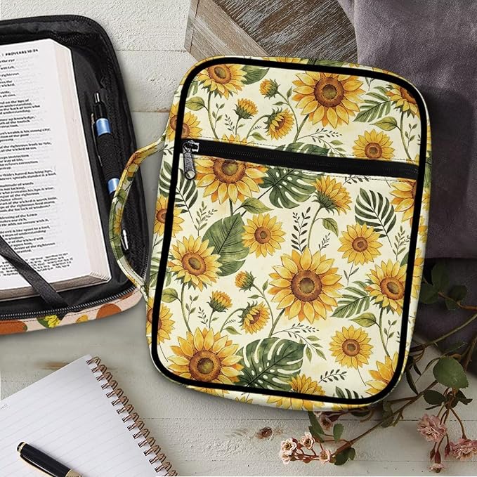 Coldinair Sunflower Palm Leaf Bible Covers Bag for Women,Cute Carrying Book Case Church Bag Bible Holder with Handle and Zippered Pocket