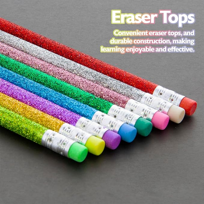 BAZIC Products Metallic Glitter Pencil w/Eraser, Latex Free Eraser, Unsharpened Rewards Glitter Pencil (8/Pack), 1-Pack