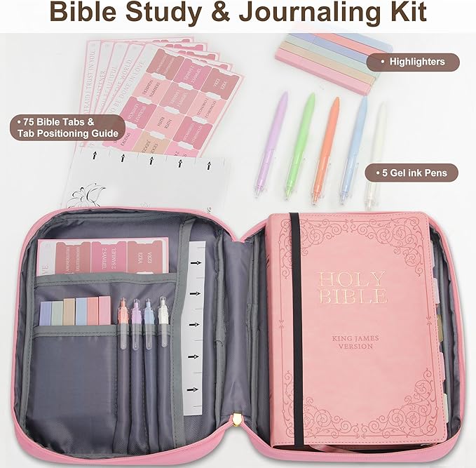 Bible Cover for Women, Bible Holder, Bible Study Supplies Accessories Bible Cover Carrier Carrying Organizer Bag, Zipper and Pockets for Standard Size Bible, Gift for Women（pinksuit）