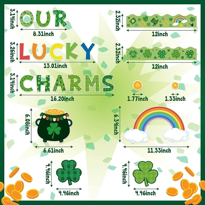 Clover Bulletin Board Cutouts- 121P Our Lucky Charms Shamrock First Day of School Bulletin Board for Classroom Party Home School Wall Decor, Back to School Gold Rainbow Stockpot Cutouts