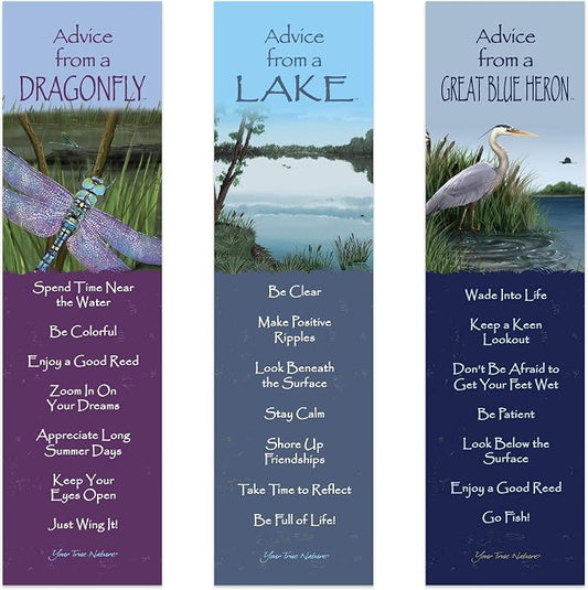 Advice 3 Bookmark Zen Set, Laminated with Glossy Finish, Printed on Recycled Paper, Great Blue Heron, Lake, Dragonfly (AMBM-Zen)