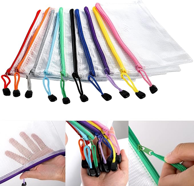 Hedume 50 Pack 10 Colors Zipper Mesh Pouch, A6 (9.1 x 4.7 inches) Zipper Pouch Waterproof Plastic Zip File Bags, for Bills, Cosmetics, Travel Storage and Office Supplies