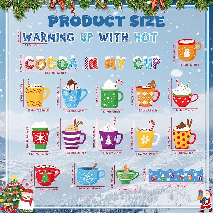 Funrous 52 Pcs Winter Bulletin Board Set Hot Cocoa Classroom Decor Winter Bulletin Boards Warming up with Hot Cocoa Latte Snowflake Cutouts for Christmas Holiday Party School Classroom Home Wall Decor