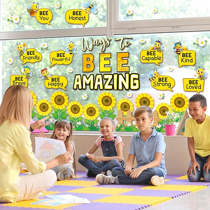 60 PCS Bee Theme Classroom Decorations- Bee Hive Cutouts Bee Bulletin Board Decoration Set Sunflower Cutouts Decor for Bulletin Board Classroom Back to School Library Hoom Window Wall Bee Theme Decor