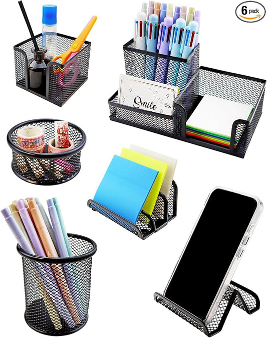 Desk Organizer Set, 6 Piece Mesh Office Accessories, Pen Holder, Phone Stand, Clip Holder, Desktop Storage Set, Black