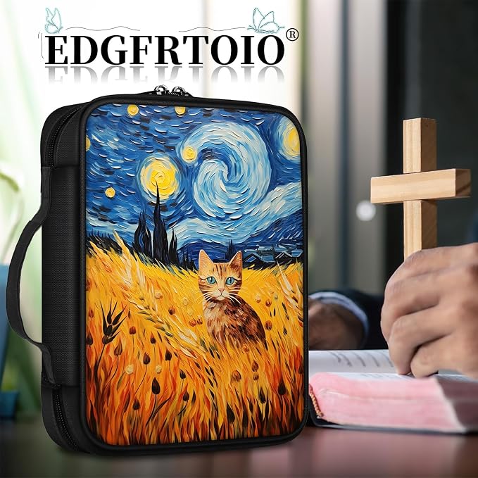 Bible Cover, Stars and Cat In The Rye Bible Case with Handle and Zippered Pocket Standard Size Holy Bible Bag Women Gifts, Church Bag Portable Bible Carrying Book Case for Bible Study