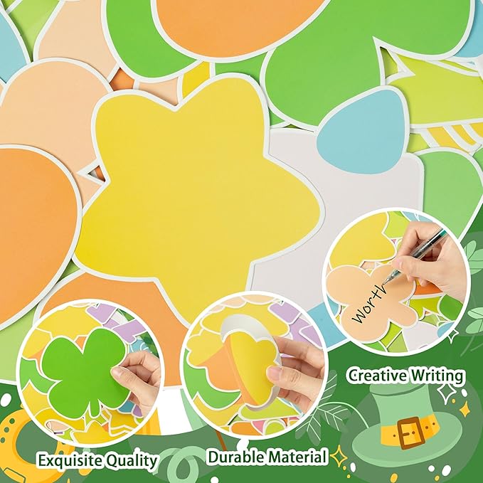 127Pcs St. Patrick's Day Bulletin Board Classroom Decoration Lucky Charms Cutouts Shamrock Clover Name Tags Green Plaid Border Trim School Classroom Party Supplies Chalkboard Wall Door Decor