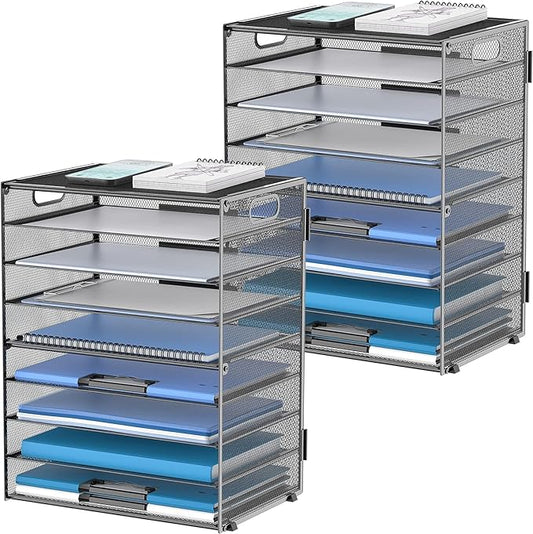 DALTACK 9-Tier Paper Organizer for Desk, Mesh Letter Tray Desk Organizer with Handles, Space-Saving File Organizer for Office Home School, Black 2 Pack
