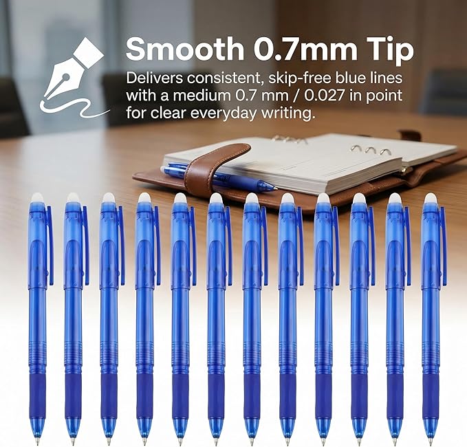 Volcanics Blue Erasable Gel Pens, 0.7mm Fine Point Gel Erasable Pens - Compatible with Rocketbook, 12 Pack, Smooth Writing Pens Pencil-Like Precision for School & Office