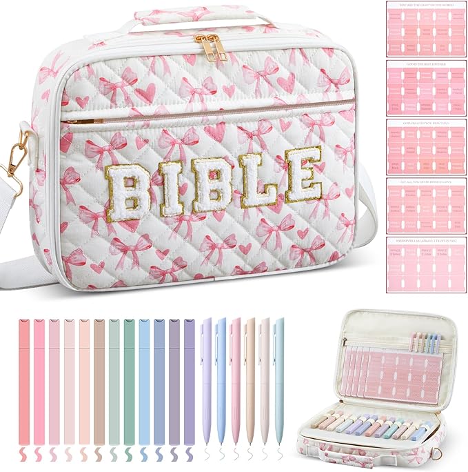 Sinload Quilted Bible Cover Case for Women 12 x 9 x 2.5 Inch Bible Chenille Letter Bag with Shoulder Strap Carrying Tabs 6 Colored Pens 12 Highlighters Christian Church Study Gifts(Pink,Love Bow)