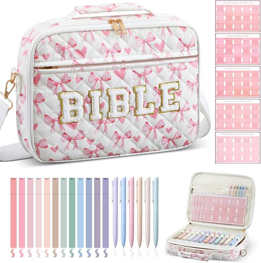 Sinload Quilted Bible Cover Case for Women 12 x 9 x 2.5 Inch Bible Chenille Letter Bag with Shoulder Strap Carrying Tabs 6 Colored Pens 12 Highlighters Christian Church Study Gifts(Pink,Love Bow)