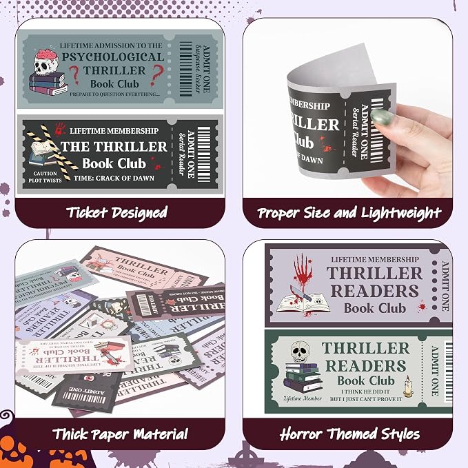 Laffact Halloween Thriller Book Club Bookmarks - 120 Horror Ticket Style Reading Tracker, Double-Sided Page Marker, Thanksgiving Christmas Birthday Bookish Gifts for Book Lover Rewards School Library