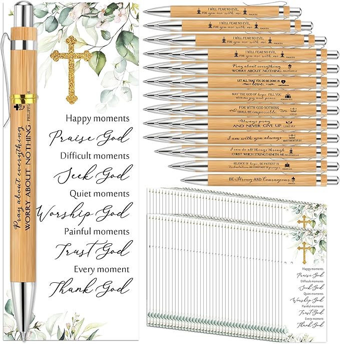 50 Sets Christian Religious Gifts Bulk Mothers Day Bible Verse Bamboo Pens and Christian Bookmarks Father's Day Inspirational Gifts for Teacher Church Bible Members VBS Women Coworker