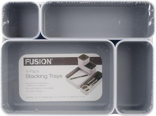 Fusion Advantus Stacking Bins, 4 Compartments, Plastic, 12.1 x 9.1 x 2.2, White/Gray, 4 Pieces